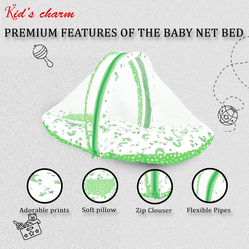 Kid's Charm Kids Charm StarMoon Premium Baby Net Bed with Thick Mattress Mosquito Net with Zip Closure Neck Pillow Baby Bedding for New Born Baby Sleeping Bed Mega for 48 Months Babies Green - Image 4