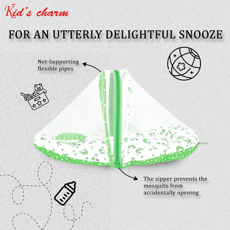 Kid's Charm Kids Charm StarMoon Premium Baby Net Bed with Thick Mattress Mosquito Net with Zip Closure Neck Pillow Baby Bedding for New Born Baby Sleeping Bed Mega for 48 Months Babies Green - Image 3