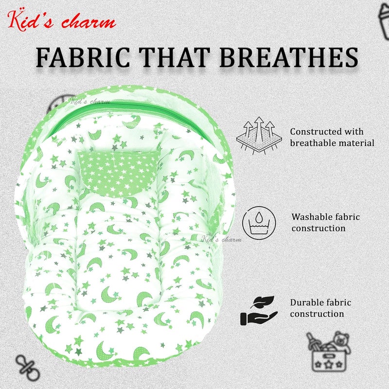 Kid's Charm Kids Charm StarMoon Premium Baby Net Bed with Thick Mattress Mosquito Net with Zip Closure Neck Pillow Baby Bedding for New Born Baby Sleeping Bed Mega for 48 Months Babies Green - Image 5