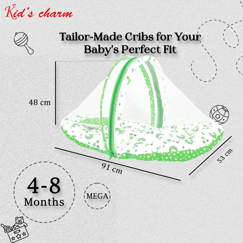 Kid's Charm Kids Charm StarMoon Premium Baby Net Bed with Thick Mattress Mosquito Net with Zip Closure Neck Pillow Baby Bedding for New Born Baby Sleeping Bed Mega for 48 Months Babies Green - Image 2