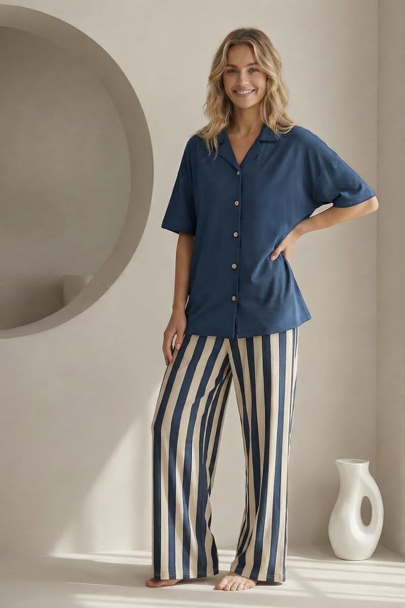 Celary Korean Women Cotton Blend Night Suit with Back Graphic Print | Stylish Printed T-Shirt & Striped Pajama Set - Image 4