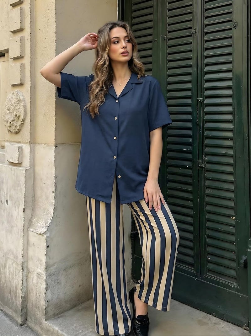Celary Korean Women Cotton Blend Night Suit with Back Graphic Print | Stylish Printed T-Shirt & Striped Pajama Set - Image 2