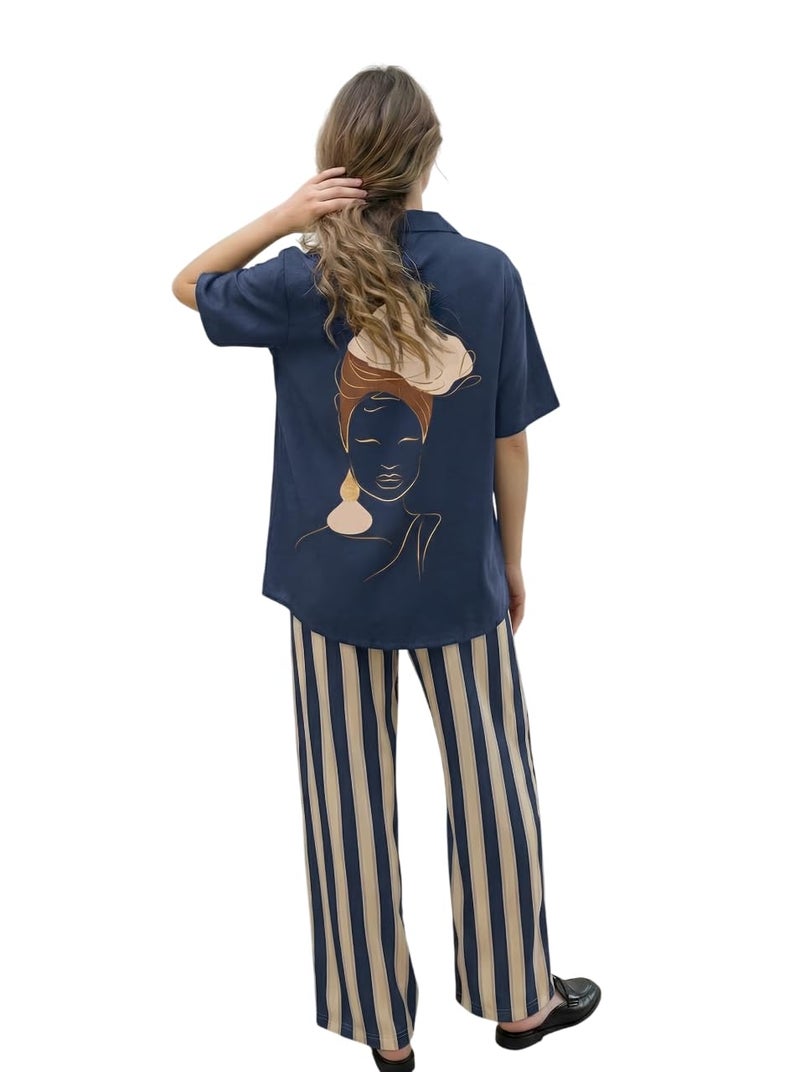 Celary Korean Women Cotton Blend Night Suit with Back Graphic Print | Stylish Printed T-Shirt & Striped Pajama Set - Image 1