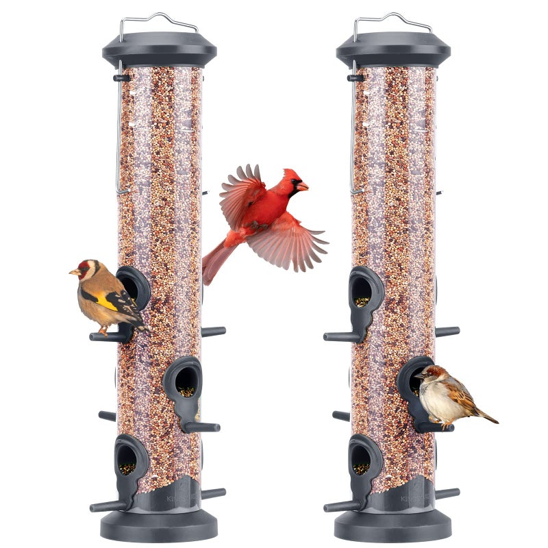 Kingsyard 2 Pack Tube Feeders with 6 Feeding Ports for Outdoors Hanging, Premium Hard Plastic Weatherproof & Steel Hanger, Attracting for Wild Birds (Black) - Image 1