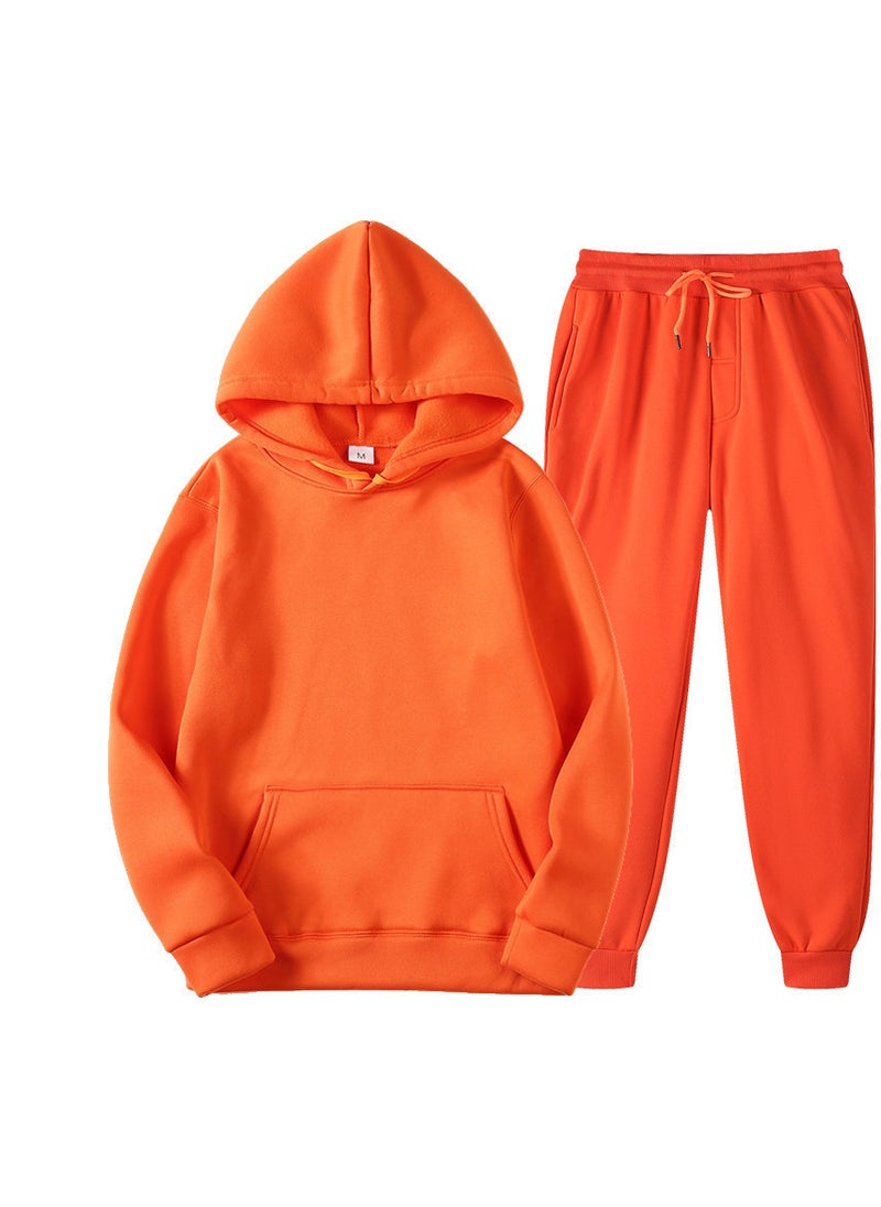Generic - Spring New Glboard Solid Color Hooded Sweatshirt Casual Pants Fleece-Lined Pulloversuit Mens Sets Orange - Image 1