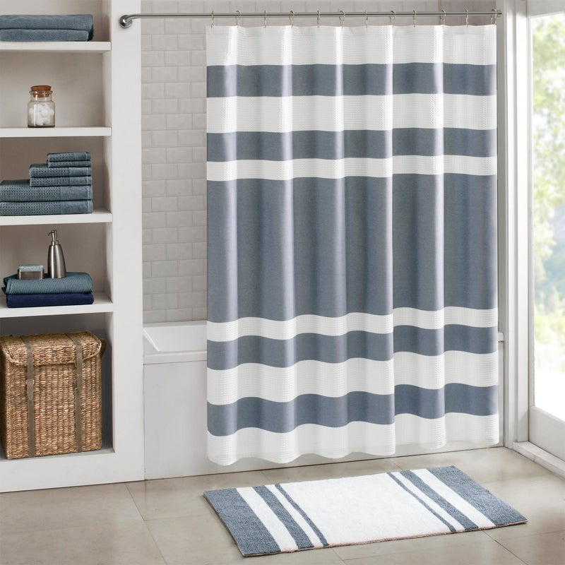 Madison Park Spa Waffle Shower Curtain Pieced Fabric Extra Long Premium Spa Quality Modern Shower Curtains for Bathroom  Tall 72x84  Indigo Blue - Image 1