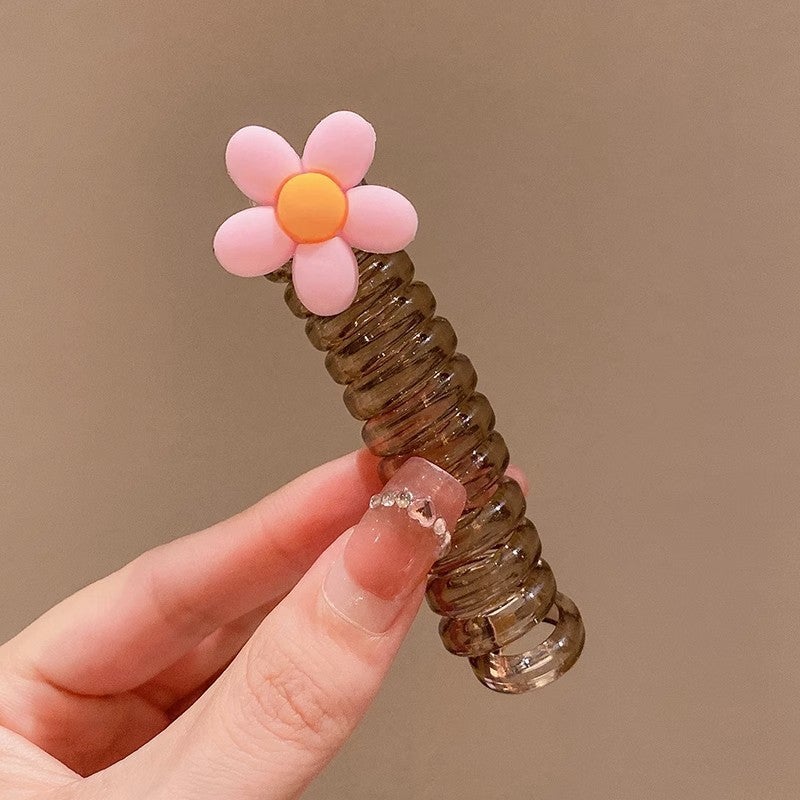 Loquat Candy Colored Childrens Hair Ties Telephone Line Hair Bands High Ponytail Holder Girls Hair Bands Floral Design Korean Style Pink Flower Roll Telephone Line Milk Cafe