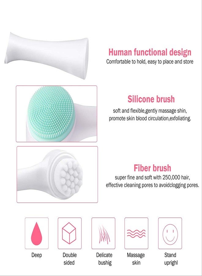 TREXEE 2 in 1 Facial Cleansing Brush, 3D Double Manual Silicone & Soft Bristles Face Brush Face Cleansing Brush Exfoliating Grease Removal Massage Tool Wash Makeup, Massaging, Acne (Pink) - Image 3