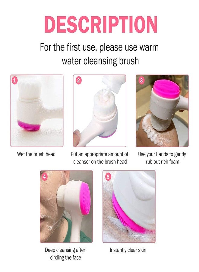 TREXEE 2 in 1 Facial Cleansing Brush, 3D Double Manual Silicone & Soft Bristles Face Brush Face Cleansing Brush Exfoliating Grease Removal Massage Tool Wash Makeup, Massaging, Acne (Pink) - Image 4