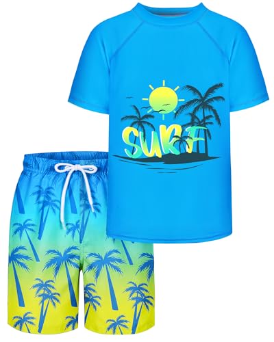 AuSletie Boys Two Piece Rash Guard Swimsuits Sets Kids Short Sleeve Swimsuits Bathing Suit with Swim Trunks Swimwear Set - Image 1