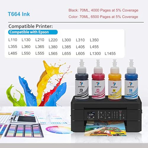 proffisy T664 Ink Cartridge Compatible with Epson EcoTank L1300,L310,L361,L380,L405,L565,L365,L485,L220,L360,L130 Printer Dye Ink Refill Ink (4 Color) - Image 2