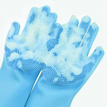 Grun Eco Magic Silicone LatexFree Scrub Cleaning Gloves with Scrubber for washing and Pet Grooming Multicolour 1 Pair - Image 2