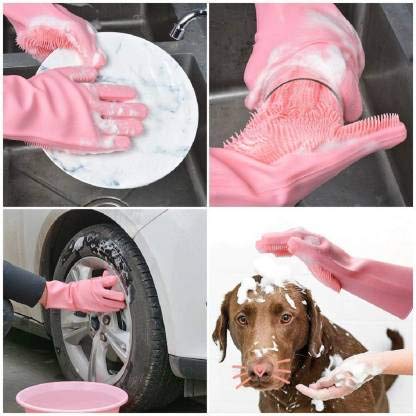Grun Eco Magic Silicone LatexFree Scrub Cleaning Gloves with Scrubber for washing and Pet Grooming Multicolour 1 Pair - Image 3