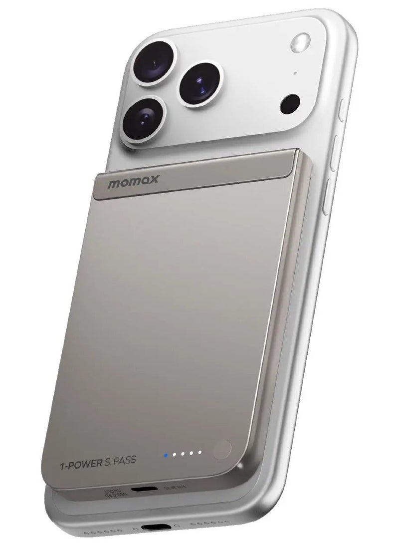 Momax 1-POWER S.PASS 5000mAh QI2 بنك طاقة لاسلكي مغناطيسي USB-C بقدرة إخراج تصل إلى 15W - فضي - Image 1