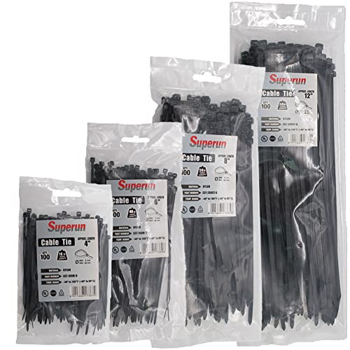 Superun 400 Packs Black Zip Ties Assorted Sizes 4+6+8+12 Inch Wire Ties, Heavy Duty Cable Ties Set - Zipties Variety Pack - Image 1