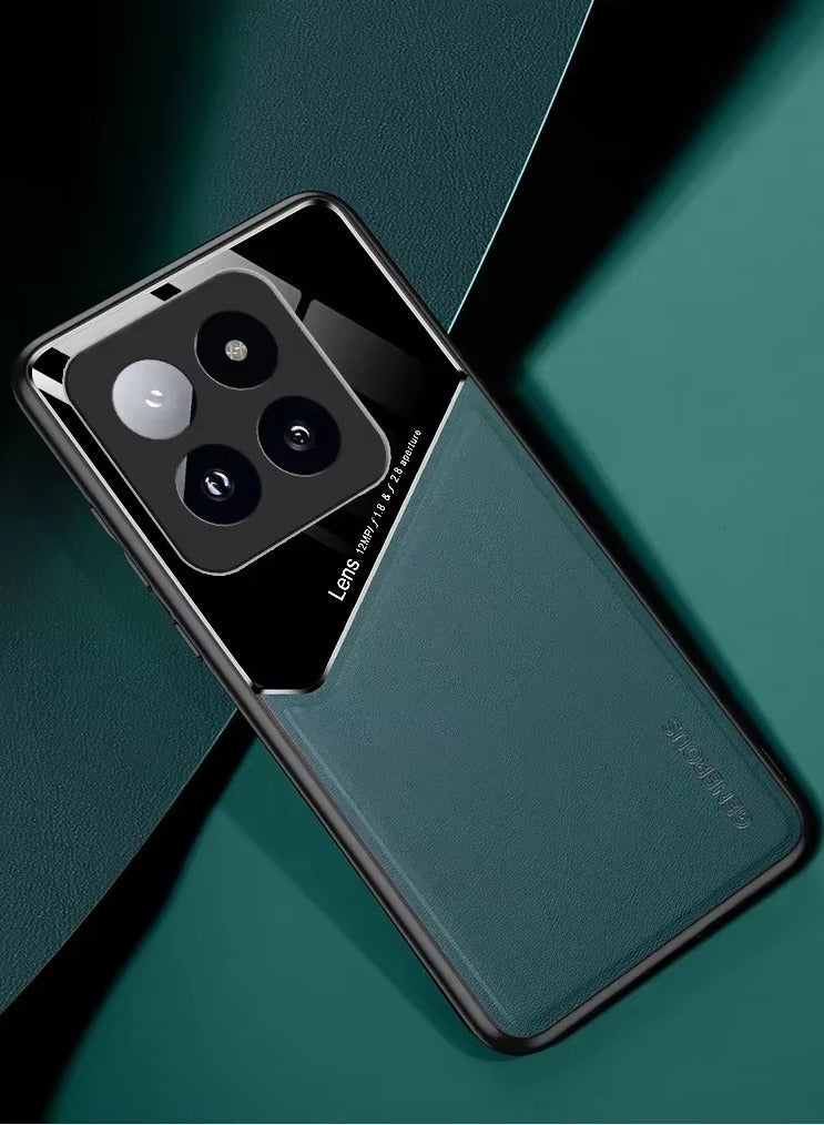 حافظة متوافقة مع هاتف Xiaomi 14T/14T Pro، غطاء جلد فاخر وزجاج مع حامل مغناطيسي للسيارة وغطاء هاتف إطار ناعم من السيليكون - أخضر - Image 1