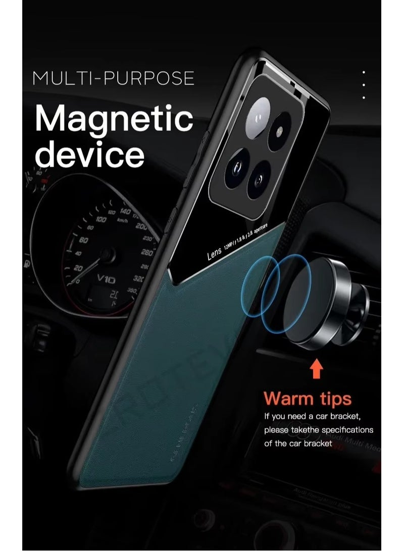 حافظة متوافقة مع هاتف Xiaomi 14T/14T Pro، غطاء جلد فاخر وزجاج مع حامل مغناطيسي للسيارة وغطاء هاتف إطار ناعم من السيليكون - أخضر - Image 2