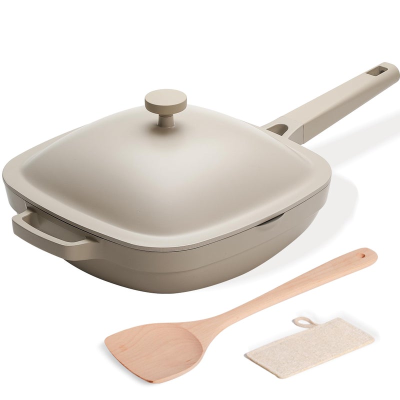 USELUCK 10 Inch Frying Pan,Non Toxic Cast Aluminum Deep Fry Pan,Ti-Ceramic Nonstick Pix Pan with Lid,Natural Wooden Spatula and Loofah Scrubber-Morning Mist - Image 1