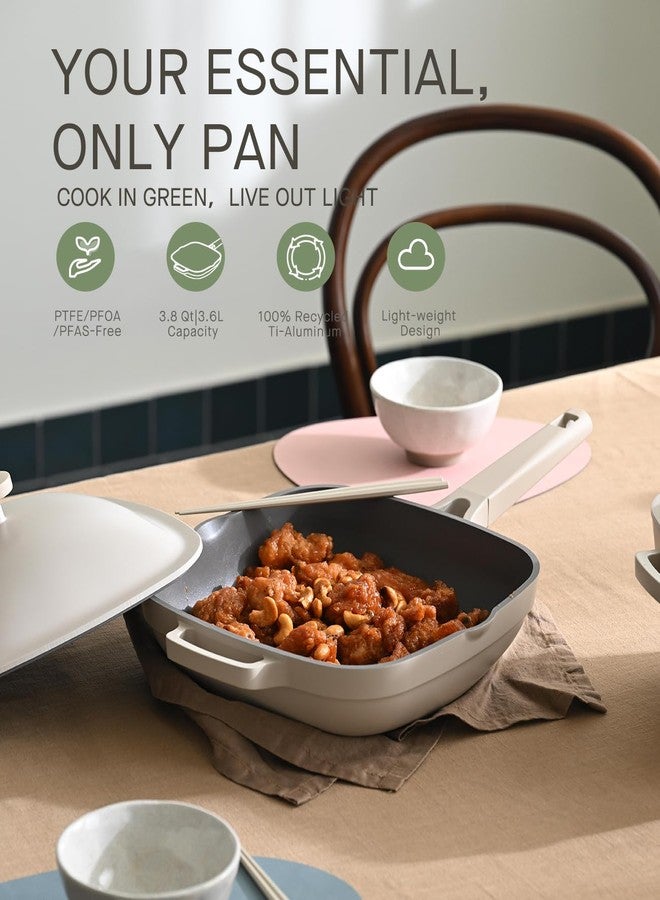 USELUCK 10 Inch Frying Pan,Non Toxic Cast Aluminum Deep Fry Pan,Ti-Ceramic Nonstick Pix Pan with Lid,Natural Wooden Spatula and Loofah Scrubber-Morning Mist - Image 5