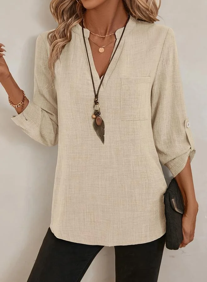 Take Two Beige Linen Blend Long Sleeve Top