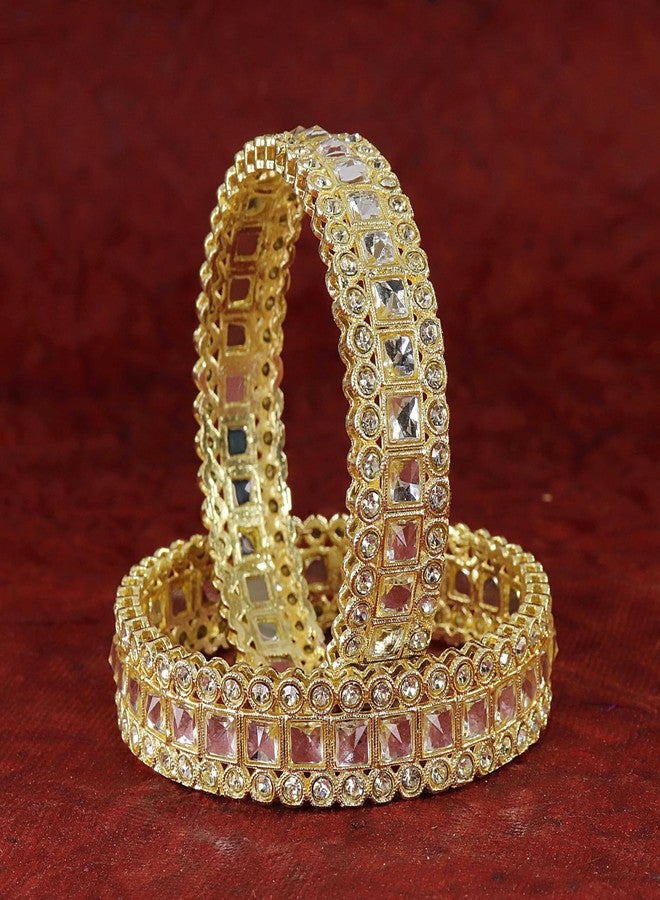 NMII Golden Metal Bangles Set with Zircon Diamond & Kundan For Women & Girls | Gold Plated Bangles | Gold Bangles | Women Kada Gold | Bangles For Girls | Golden Bangles-(MAH111-Gold-2.6) - Image 2