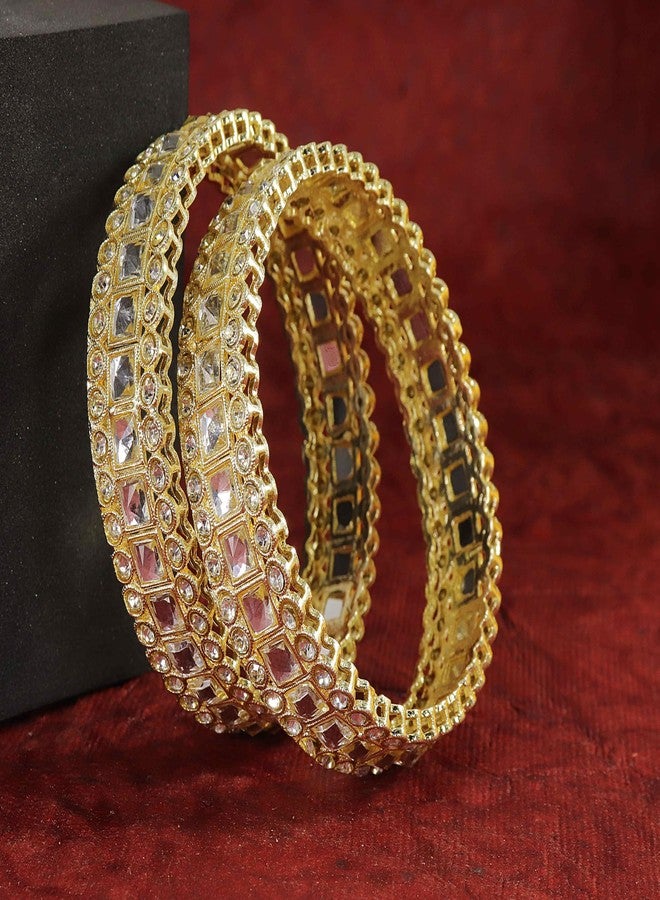 NMII Golden Metal Bangles Set with Zircon Diamond & Kundan For Women & Girls | Gold Plated Bangles | Gold Bangles | Women Kada Gold | Bangles For Girls | Golden Bangles-(MAH111-Gold-2.6) - Image 3