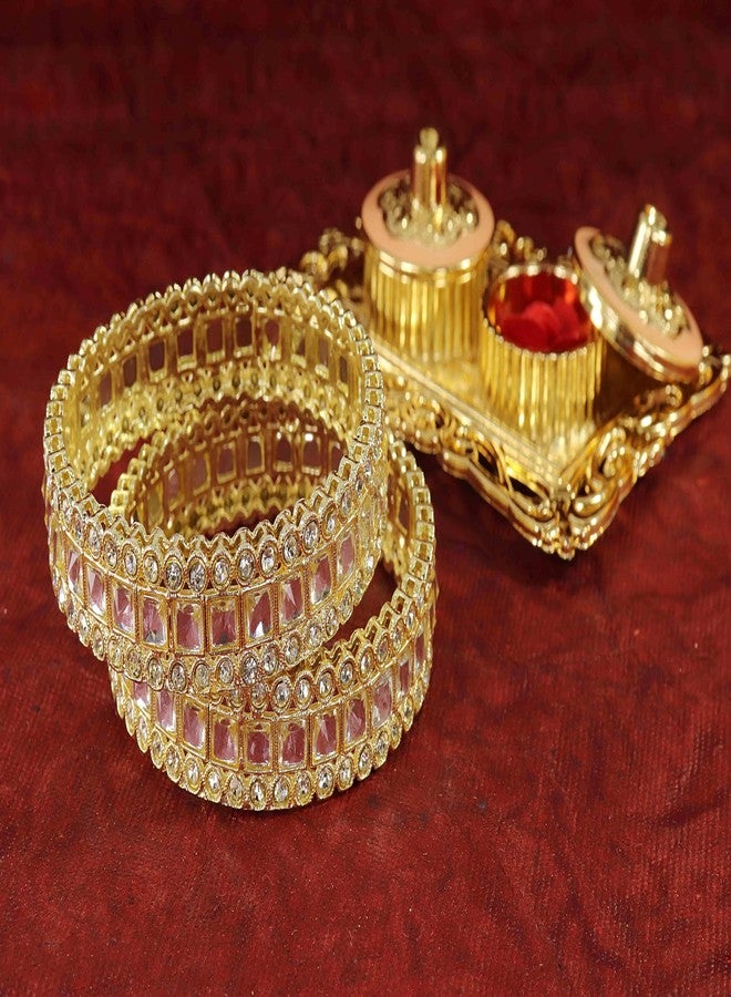 NMII Golden Metal Bangles Set with Zircon Diamond & Kundan For Women & Girls | Gold Plated Bangles | Gold Bangles | Women Kada Gold | Bangles For Girls | Golden Bangles-(MAH111-Gold-2.6) - Image 4