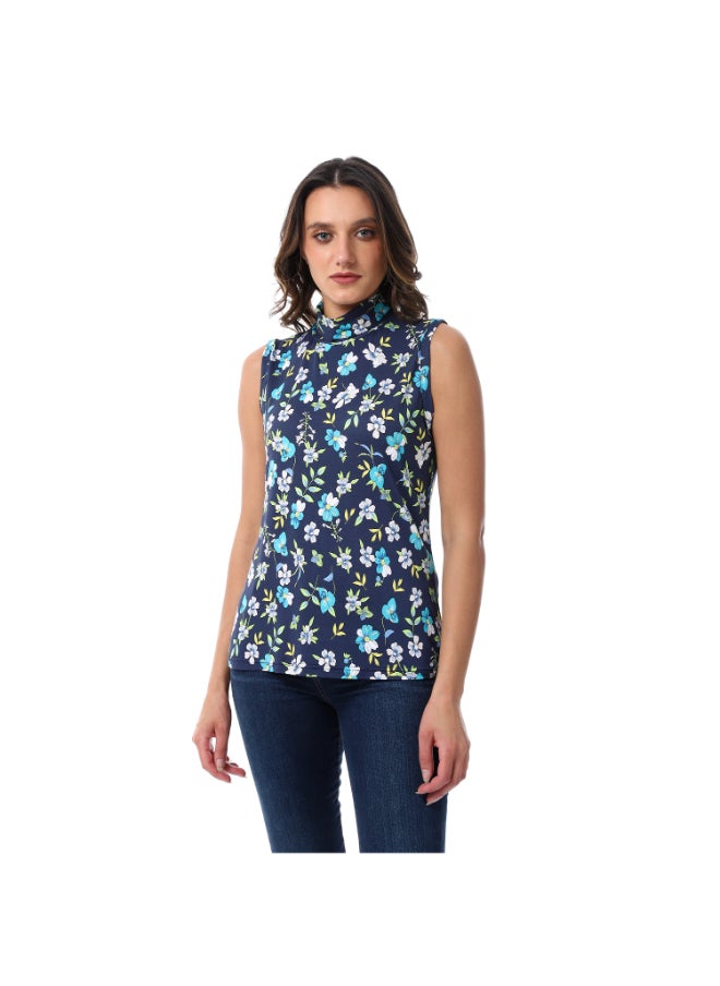 Esla Navy Blue & White Floral Self Pattern Turtle Neck Sleeveless Blouse  - Image 1