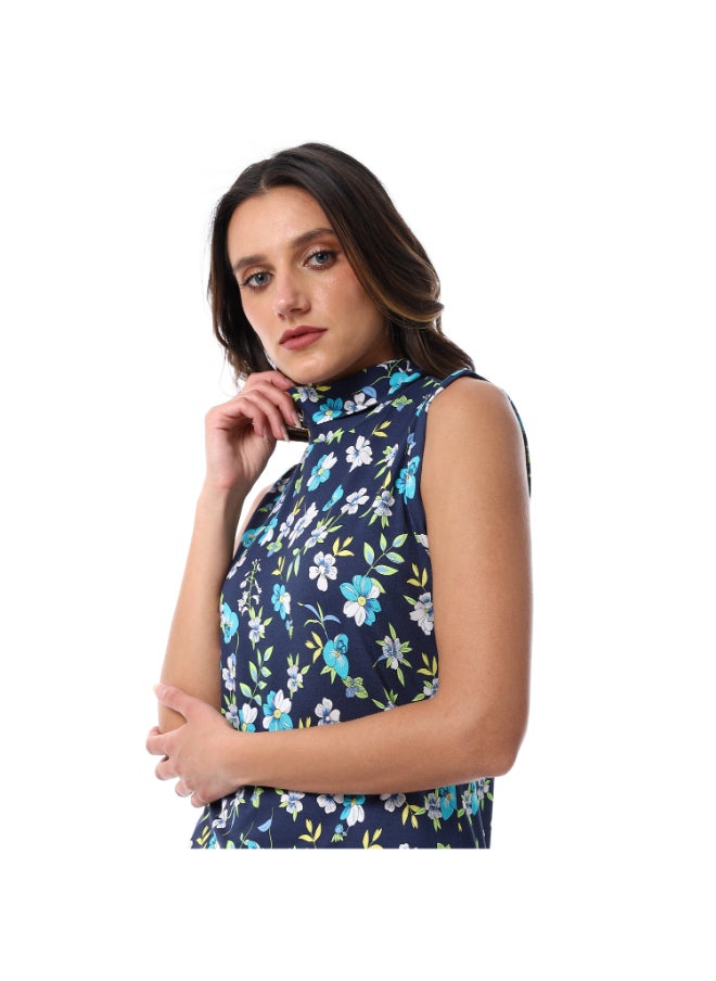 Esla Navy Blue & White Floral Self Pattern Turtle Neck Sleeveless Blouse  - Image 3