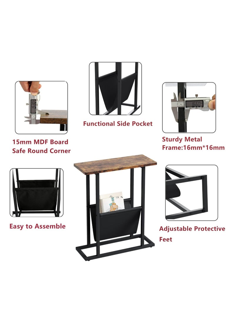 Small Narrow Side Table for Small Spaces, Slim End Table Magazine Table Nightstand with Storage Holder, Accent Skinny Snack Couch Bedside Table for Living Room, Bedroom