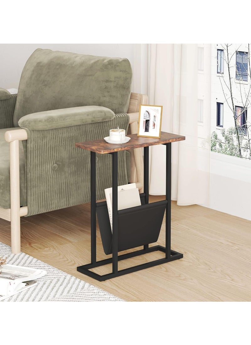 Small Narrow Side Table for Small Spaces, Slim End Table Magazine Table Nightstand with Storage Holder, Accent Skinny Snack Couch Bedside Table for Living Room, Bedroom