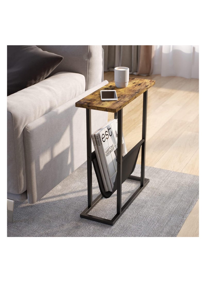 Small Narrow Side Table for Small Spaces, Slim End Table Magazine Table Nightstand with Storage Holder, Accent Skinny Snack Couch Bedside Table for Living Room, Bedroom