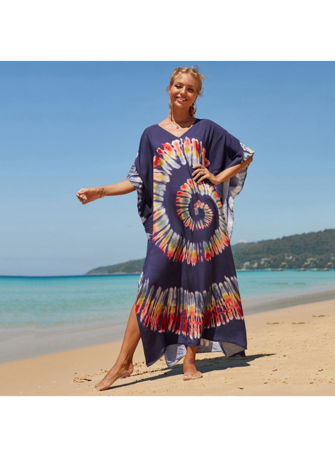 Robe Beach Blouse Rayon Printed Vacation Sunscreen Shirt Plus Size Bikini Beach Dress Amazon-Color:20 Navy Blue Color Ring-  - Image 1