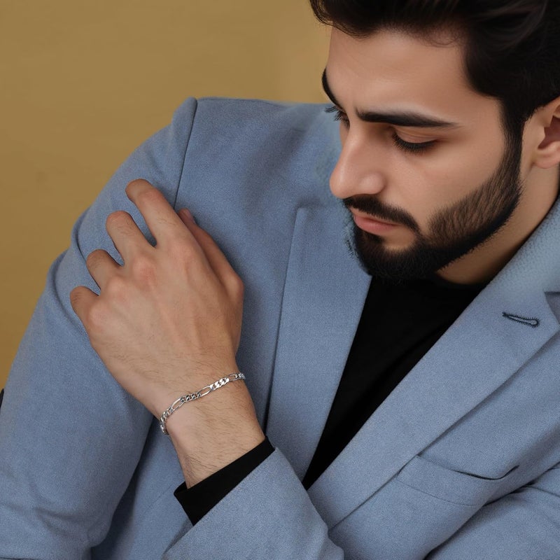 LeCalla سوار سلسلة فيغارو لينك غير محدد من الفضة الإسترلينية 925 | سوار سلسلة فيغارو مقطوع بالماس 4 مم مع علامة BIS للنساء والرجال (7، 7.5، 8، 8.5، 9 بوصات) - Image 3