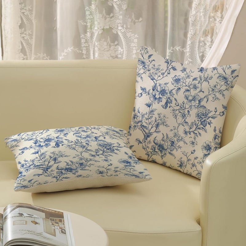 GOLIANDA Blue Pillow Covers 20x20 Set of 2 Blue and Cream Floral Chinoiserie Throw Pillows Vintage Rustic Toile Flower Decorative Pillow Cases Outdoor Chinoiserie Decor Cushion Case for Couch Bed Sofa - Image 5