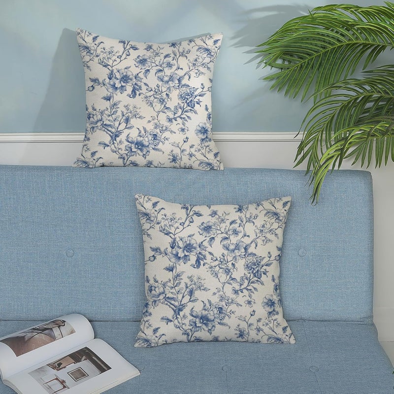 GOLIANDA Blue Pillow Covers 20x20 Set of 2 Blue and Cream Floral Chinoiserie Throw Pillows Vintage Rustic Toile Flower Decorative Pillow Cases Outdoor Chinoiserie Decor Cushion Case for Couch Bed Sofa - Image 4