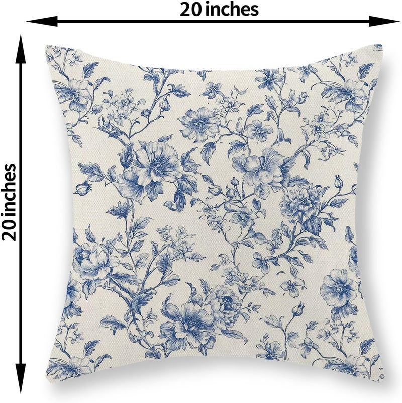 GOLIANDA Blue Pillow Covers 20x20 Set of 2 Blue and Cream Floral Chinoiserie Throw Pillows Vintage Rustic Toile Flower Decorative Pillow Cases Outdoor Chinoiserie Decor Cushion Case for Couch Bed Sofa - Image 2