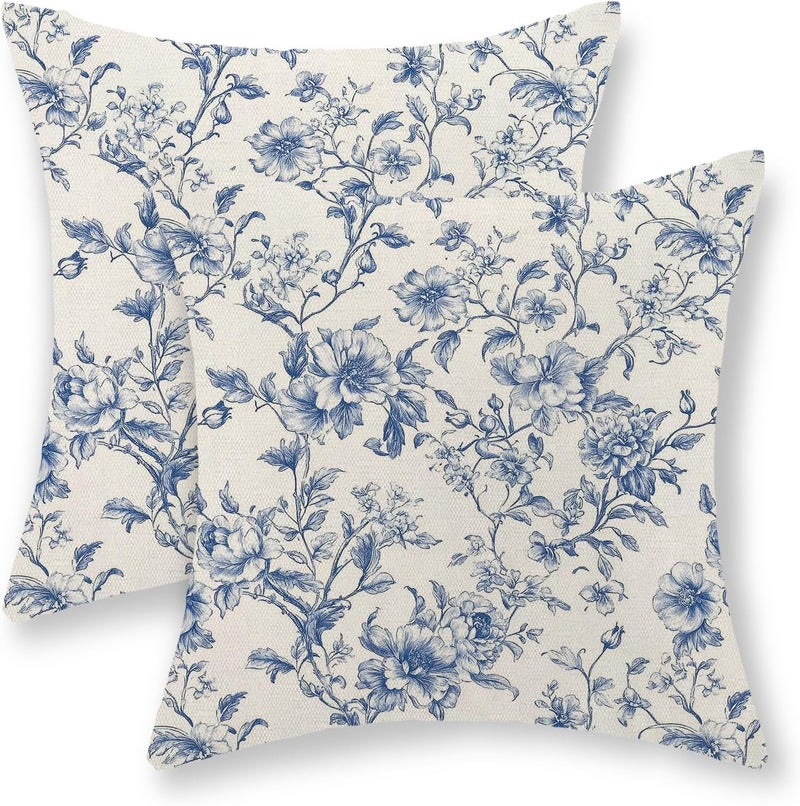 GOLIANDA Blue Pillow Covers 20x20 Set of 2 Blue and Cream Floral Chinoiserie Throw Pillows Vintage Rustic Toile Flower Decorative Pillow Cases Outdoor Chinoiserie Decor Cushion Case for Couch Bed Sofa - Image 1