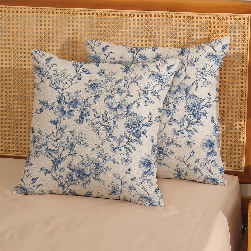 GOLIANDA Blue Pillow Covers 20x20 Set of 2 Blue and Cream Floral Chinoiserie Throw Pillows Vintage Rustic Toile Flower Decorative Pillow Cases Outdoor Chinoiserie Decor Cushion Case for Couch Bed Sofa - Image 3