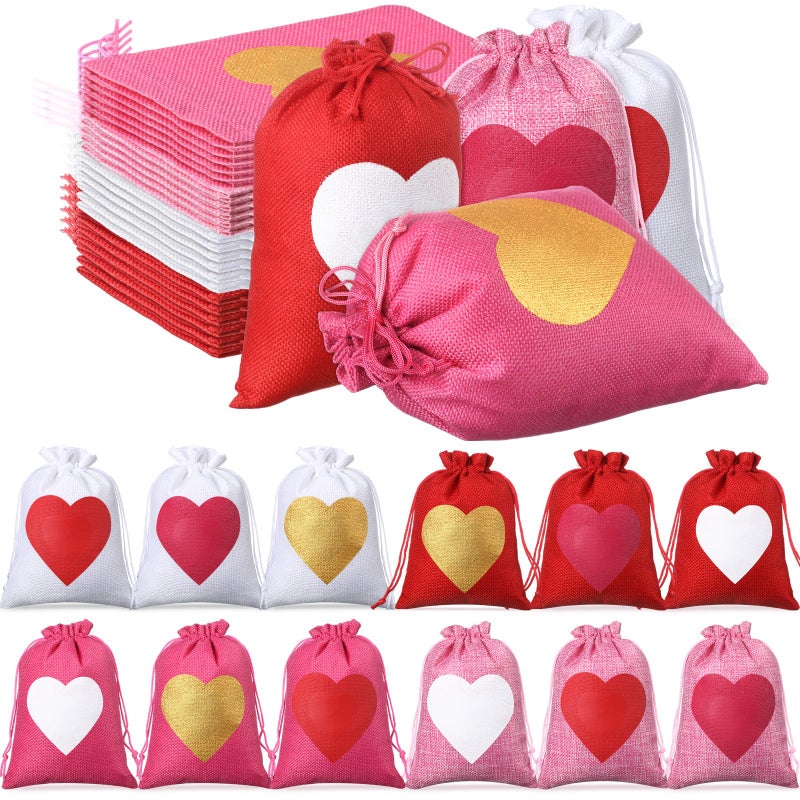 Locmeo 36 Pcs Valentine's Day Burlap Gift Bags with Drawstring Heart Burlap Bags Mini Valentines Present Pouch for Wedding Baby Shower Party Favors DIY Craft(Classic Colors,7 x 9 Inch) - Image 1