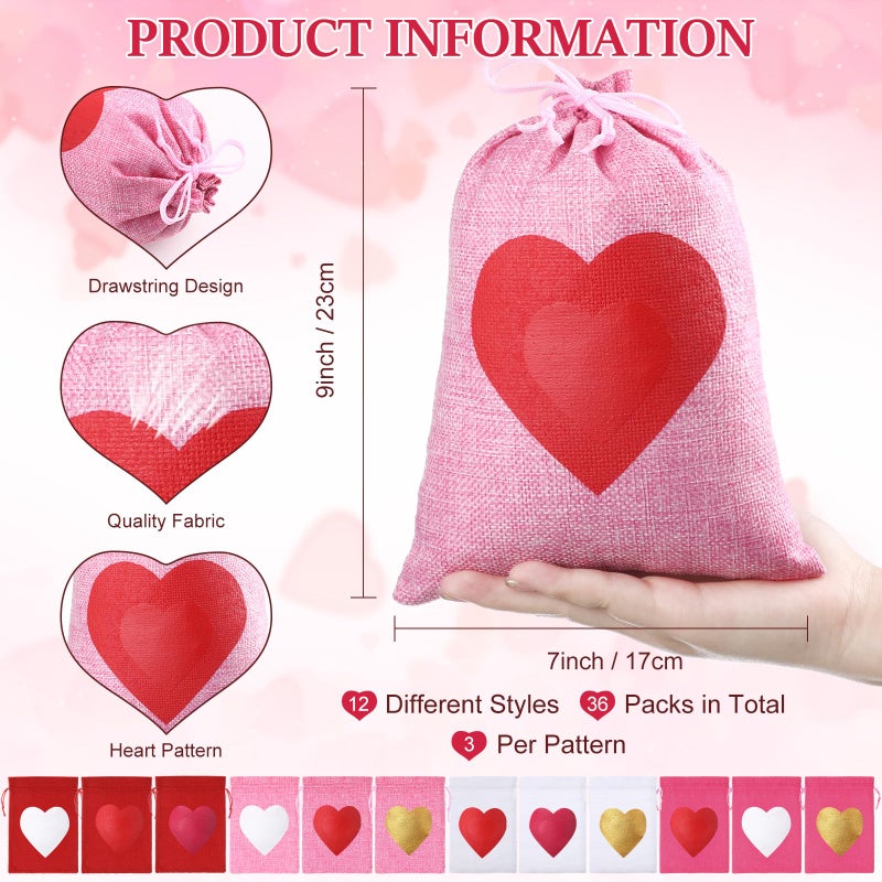 Locmeo 36 Pcs Valentine's Day Burlap Gift Bags with Drawstring Heart Burlap Bags Mini Valentines Present Pouch for Wedding Baby Shower Party Favors DIY Craft(Classic Colors,7 x 9 Inch) - Image 2