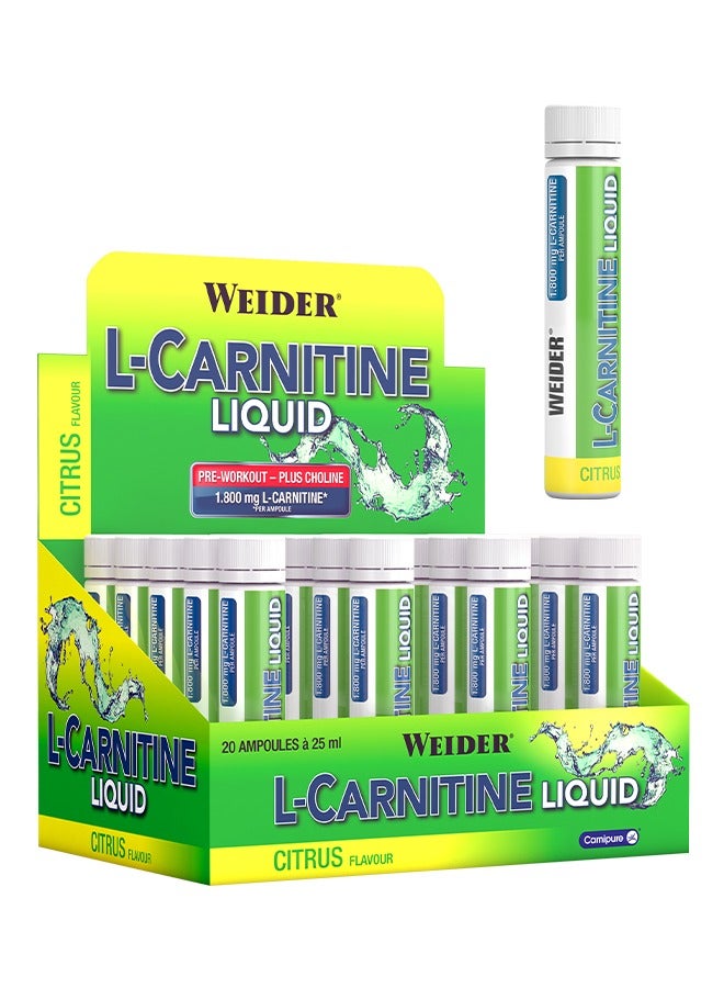 Weider L-Carnitine liquid, Pre workout, Plus choline, 1.800 mg L-carnitine, 20 Ampoules x 25 ml, Citrus flavour - Image 1