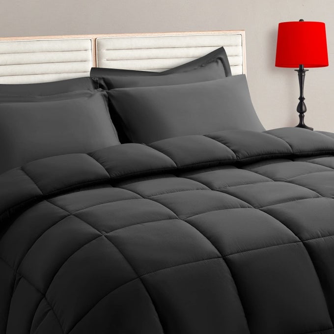 QUEEN SIZE COMFORTER SET 7 PIECES BED IN A BAG BEDDING SETS WITH ALL SEASON SOFT QUILTED WARM FLUFFY REVERSIBLE COMFORTERFLAT SHEETFITTED SHEET2 PILLOW SHAMS2 PILLOWCASESDARK GREY