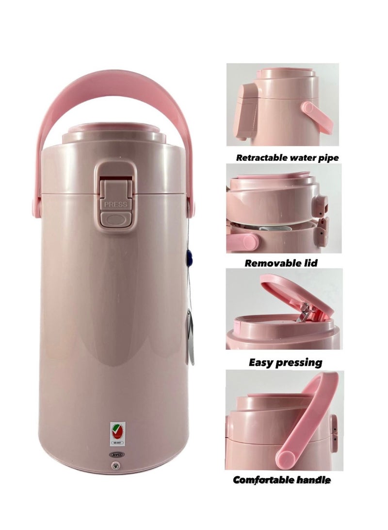 Home Maker ترموس شاي وقهوة مع مضخة، زجاج مزدوج معزول، سعة 2.2 لتر، وردي - Image 3