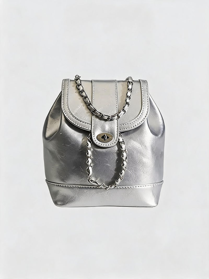 Oily Wax Leather Chain Backpack for Women PU Waterproof Wear Resistant Exquisite Sewing Thread Fashion Bag Ladies Stylish Versatile Decorative Package with Internal Patch Pocket - Image 5
