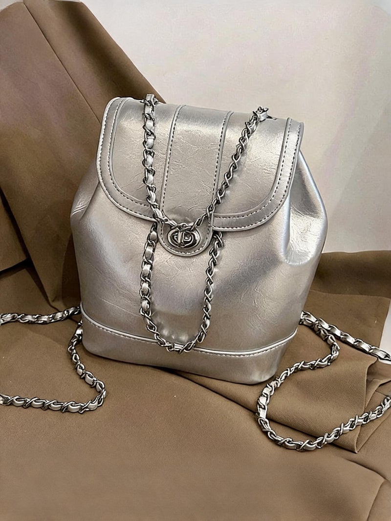 Oily Wax Leather Chain Backpack for Women PU Waterproof Wear Resistant Exquisite Sewing Thread Fashion Bag Ladies Stylish Versatile Decorative Package with Internal Patch Pocket - Image 1