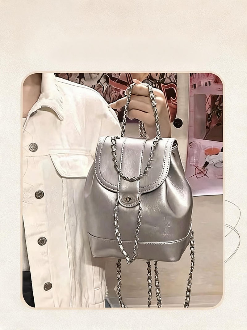Oily Wax Leather Chain Backpack for Women PU Waterproof Wear Resistant Exquisite Sewing Thread Fashion Bag Ladies Stylish Versatile Decorative Package with Internal Patch Pocket - Image 3