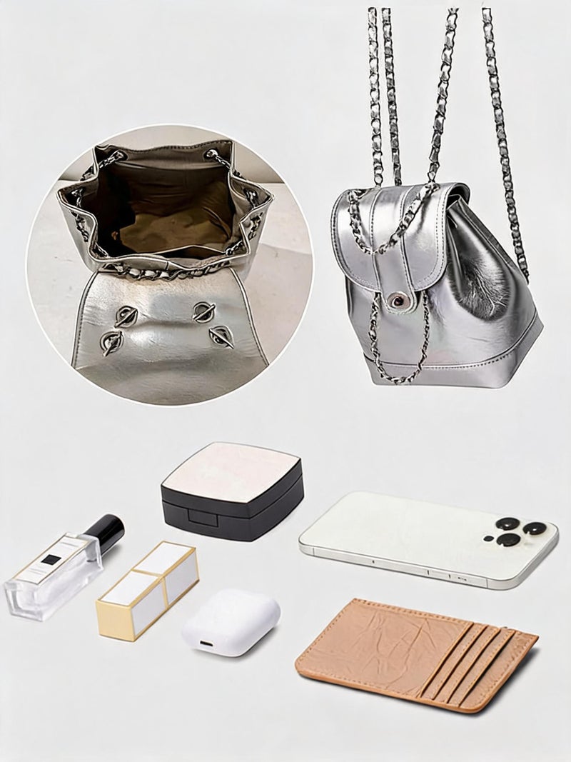 Oily Wax Leather Chain Backpack for Women PU Waterproof Wear Resistant Exquisite Sewing Thread Fashion Bag Ladies Stylish Versatile Decorative Package with Internal Patch Pocket - Image 2
