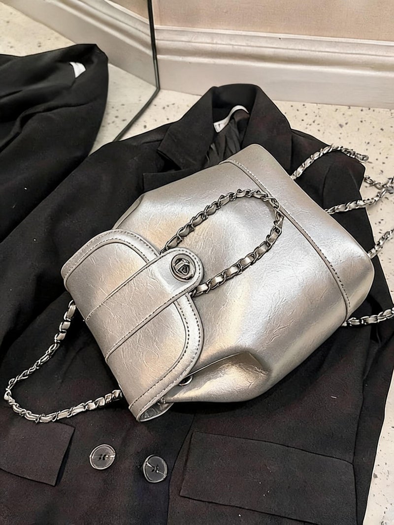 Oily Wax Leather Chain Backpack for Women PU Waterproof Wear Resistant Exquisite Sewing Thread Fashion Bag Ladies Stylish Versatile Decorative Package with Internal Patch Pocket - Image 4