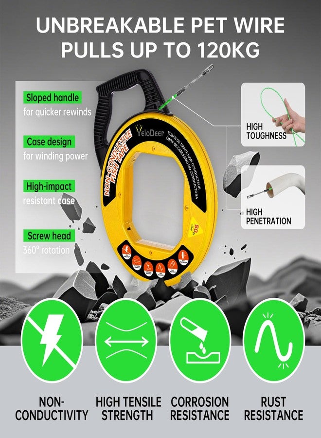 Yelodeer Fish Tape Wire Puller 50 FT x 4.5 mm with Gloves, PET Wire Fishing Tools for Walls and Electrical Conduit - Image 2